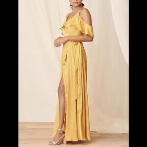NWT Lulus Moriah Mustard Yellow Satin Wrap Maxi Dress size Small
